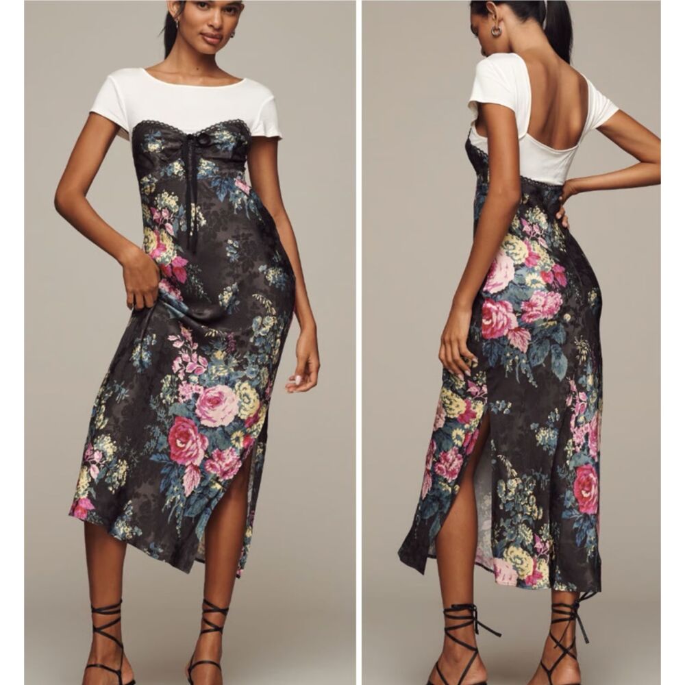 Anthropologie Twofer Floral Midi Dress Black Size Small New With Tags